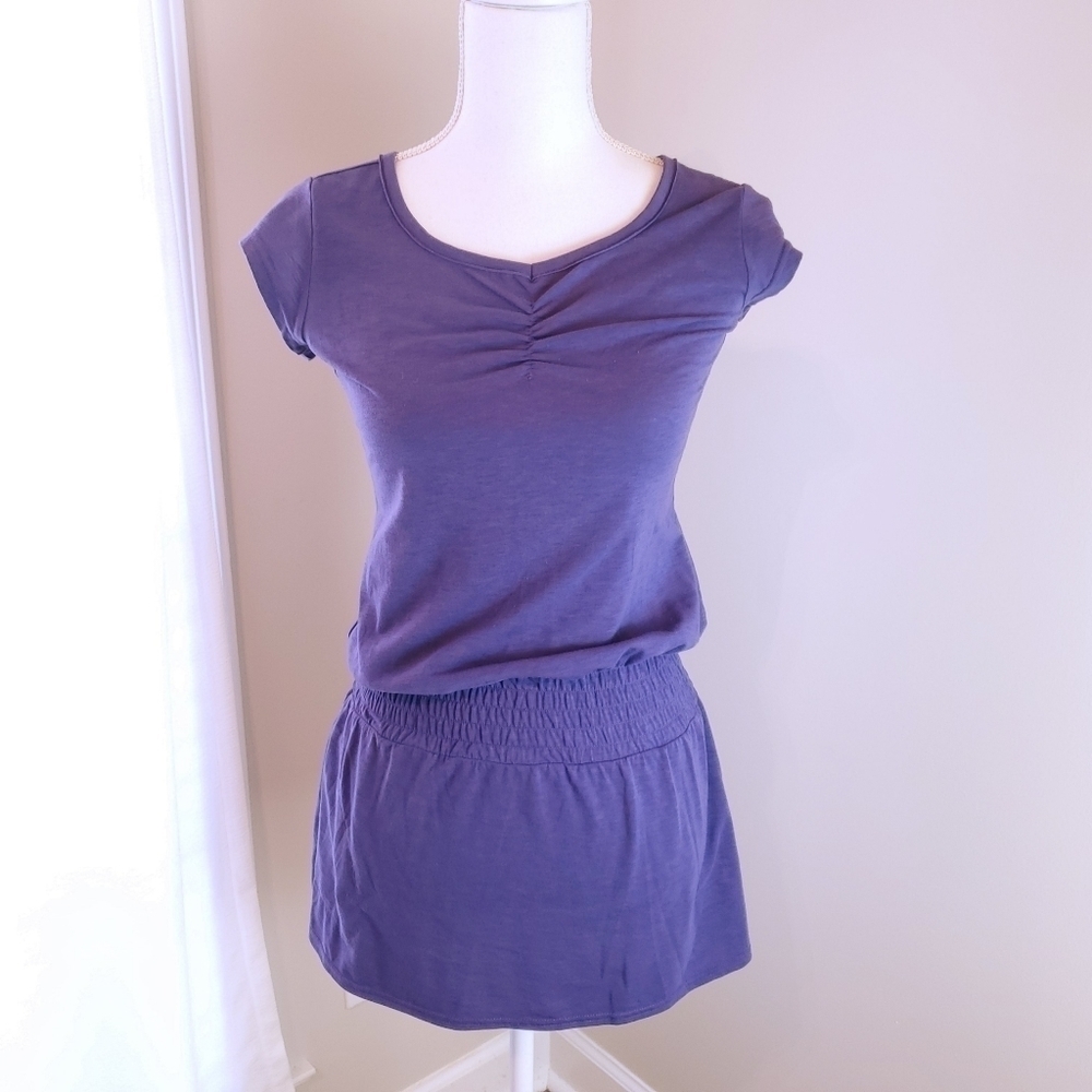 LOLE Blouson Mini Dress XS Purple Merino Wool Athletic Smocked waist Cap Sleeves